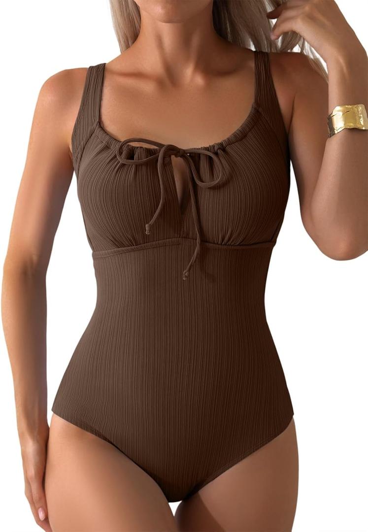 Aleumdr Womens Textured One Piece Swimsuit Tummy Control Bathing Suit with Bow Tie Knot Cutout Ruching Swimwear (Medium, Coffee)