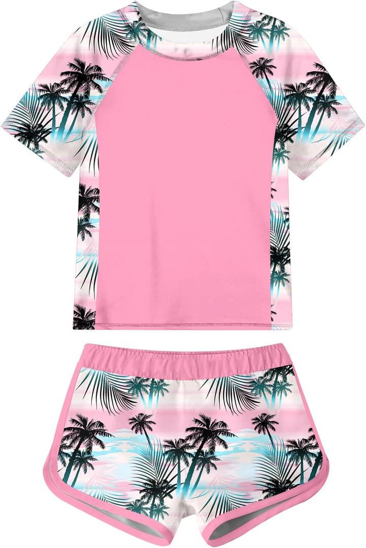ADUKIDE Girls Rash Guard Swimsuit 2-Piece Bathing Suit UPF 50+ Summer Beach Swimwear Size 7-16T (8-9 Years, Hawaiian)