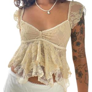 Women Lace Tank Top Cap Sleeve Vintage Floral Sheer Blouse (Small, Yellow)