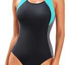 Tempt Me Women Athletic One Piece Swimsuits Sporty Racerback Bathing Suits Full Coverage Modest Swimwear (Large, Black Aqua Grey)