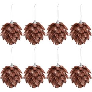 Jetec 8 Pieces Christmas Ornaments Glitter Christmas Tree Hanging Decoration Decorative Artificial Pine Cones Flowers Hanging Ornaments for Winter Wreath Holiday Decor(Brown Gold Color)