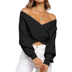 BTFBM Off The Shoulder Sweater for Women Winter Fall Fashion 2026 V Neck Long Sleeve Ribbed Knit Wrap Cropped Sweaters (Large, Black)