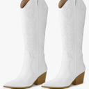 Arromic Cowboy Boots for Women Comfortable Womens Embroidered Western Cowgirl Knee High Boots Pointed Toe Zipper Chunky Heel Country Outfit Retro Tall Boots White 10