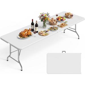 Pureegg 8FT Folding Table - No Assembly Required, Versatile Dining Table with Carrying Handle & Tabletop Safety Lock, Portable Foldable Table for Party, Craft, Camping, Picnic, White