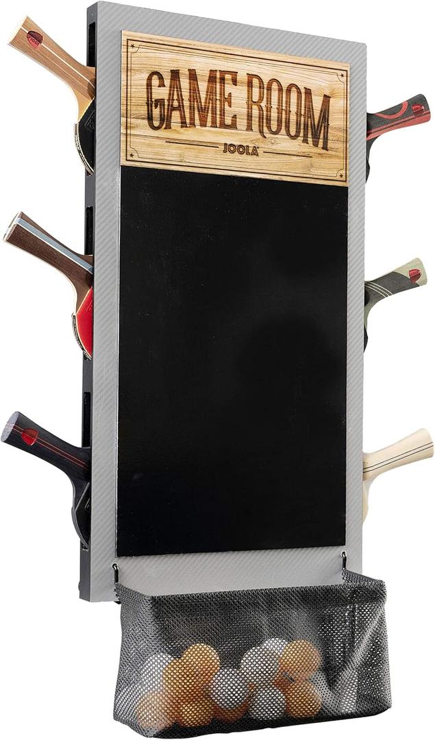 JOOLA Game Room Organizer with Ping Pong Paddle Holder, Table Tennis Ball Basket, Scoreboard, and Chalkboard