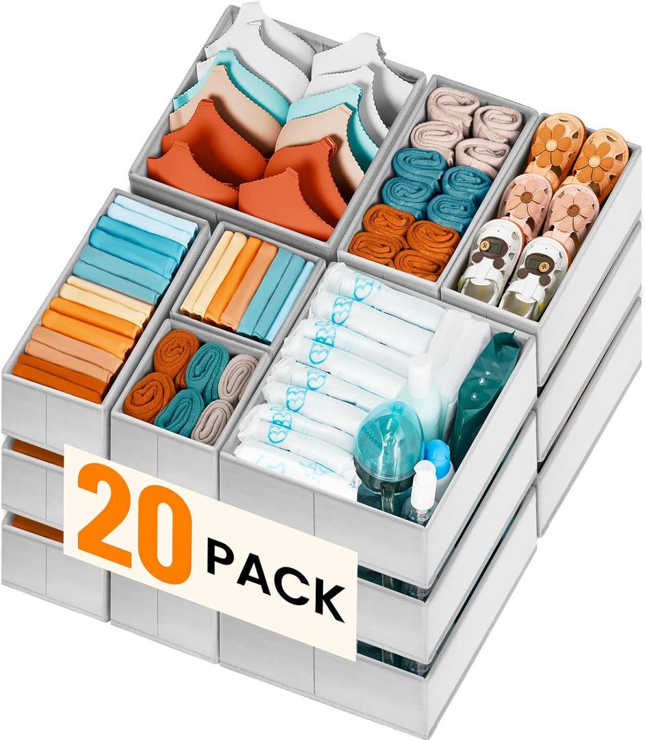 Criusia 20 Pack Drawer Organizer Bins - Grey Fabric Closet Organization and Storage Dividers for Baby Clothes, Adult Socks, Underwear, Bra, etc. (20 Pack, Grey)