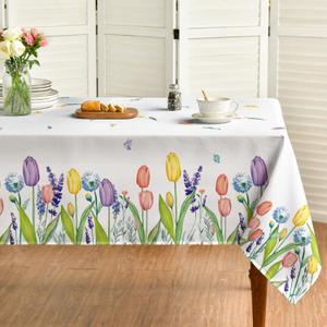 Horaldaily Spring Summer Tablecloth 60x84 Inch, Easter Watercolor Wild Flowers Tulip Lavender Blooming Floral Table Cover for Party Picnic Dinner Decor (White)