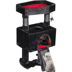 BEWISHOME Cat Tree Tower for Indoor Gothic Cat Trees with Coffin Bed, Cat Condo Cat House with Scratching Posts, Cat Shelves with Spider Toy, Pet Play Activity Center Black with Red, MMJ95R