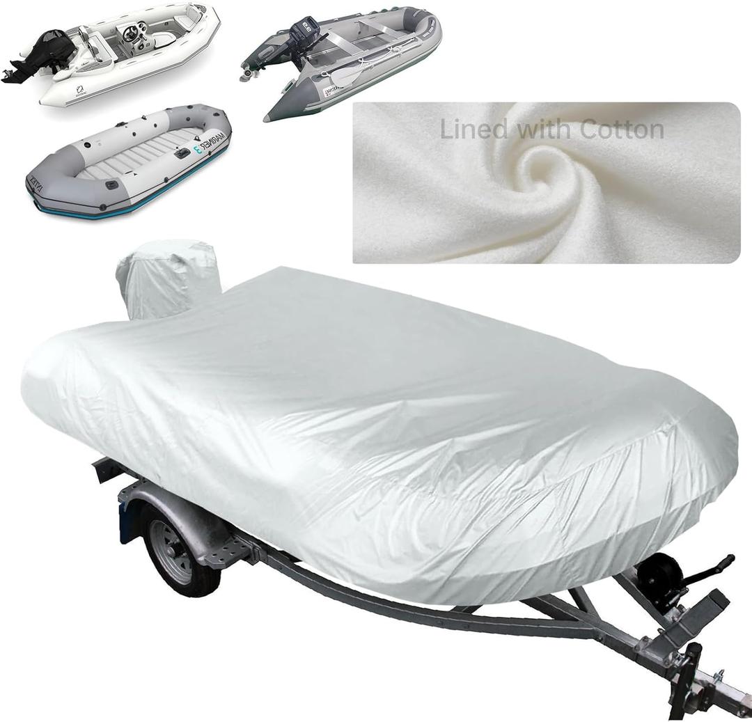 1200D Inflatable Boat Cover with Motor Cover, 100% Waterproof Cover for Inflatable Dinghy 8-9 Feet,Anti UV Canvas with Hurricane Proof System for Storage, Mooring,Trailer,Sliver (Length: 8-9' Beam Width Up to:70'', Silver)