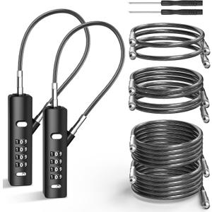 4-Digit Combination Cable Lock with 3 Steel Cables (9"/24"/47") - Secure Reset Only with Current Code - for Bike, Luggage, Gate, Shed, Cabinet - Black, 2 Pack