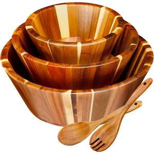 Yunlly Wooden Salad Bowl Set of 5 - Large Fruit Mixing Bowls with Salad Servers Utensils for Serving Dining Accessory - Handmade - Acacia Wood - Large 12", Medium 10", Small 8"(Round Design)