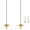 KoKo&Yukina 10" Clear Glass Pendant Lights Kitchen Island 2 Pack Modern Globe Pendant Light Mid-Century Modern Gold Pendant Light Fixtures for Dining Room Bedroom Entryway Hallway (Bulb Included), 10 inch - standard