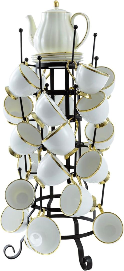 MyGift 24-Hook Rustic Black Iron Coffee Mug Holder, Tea Cup Display Stand, Drinking Glasses Baby Bottle Drying Rack Stand