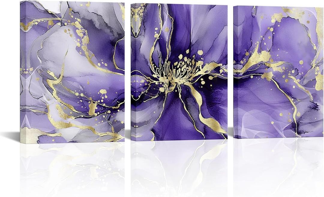 Visual Art Decor Flower Wall Art Bathroom Decor Floral Pictures Woman Girls Bedroom Office Wall Decor, Framed 12x16inchx3Pieces (Purple)