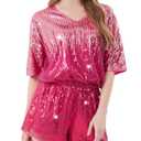 KUKIKUKI Women Sequin Romper Sparkly Gradient Jumpsuit Shorts Shiny V Neck One Piece Short Disco Party Concert Outfit (Pink, M)