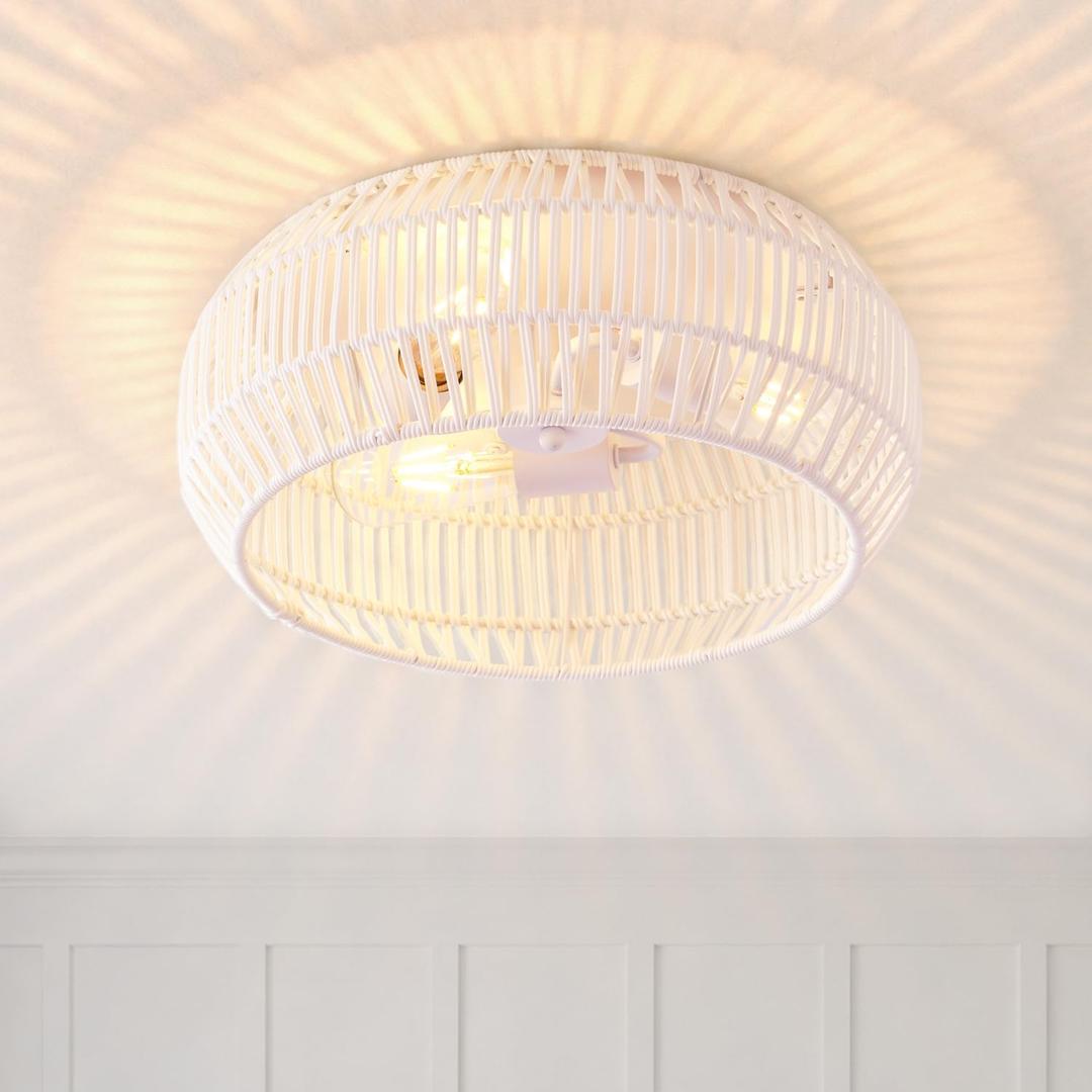 Boho White Rattan Flush Mount Ceiling Light, 3-Lights Matte White Ceiling Lighting Fixture with Hand-Woven Shade for Entryway Dining Room Hallway Living Room, 15.75 inches x 15.75 inches x 6.7 inches