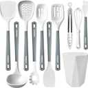FINENUT Silicone Cooking Utensils Set 11PCS - BPA-Free&Non-Toxic 446°F Heat Resistant,Wooden Handle Kitchen Tools for Nonstick Cookware,Heat Resistant&Scratch-Proof Includes Spatula/Turner/Ladle(Gray)