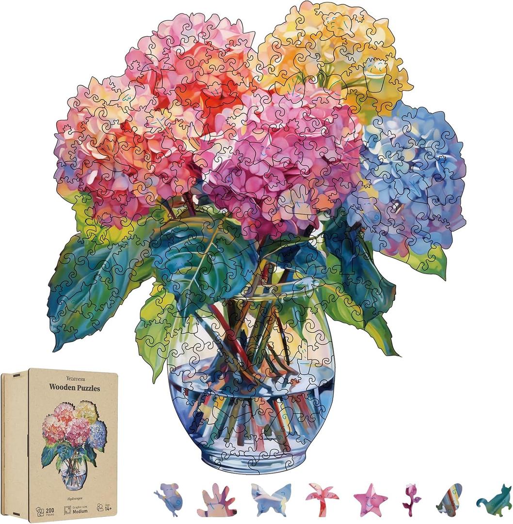 200 Pieces Flowers Wooden Puzzles for Adults, Hydrangea Unique Shaped Wooden Jigsaw Puzzles for Adults, Irregular Adult Wood Puzzle Creative Gift for Family Game 10.23x11.6 in