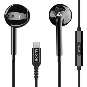 LUDOS Zenith USB C Headphones for iPhone 17 16 15 Pro Max Plus Air iPad Pro Air, USB-C Earbuds for Galaxy S24 S23 Ultra S22 S21 S20 A55 A54 A53, USB Type C Earphones - Black
