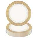 Boocikey 20 Pcs Gold Plastic Plates, 7.5 Inch Gold Dessert Plates, White and gold plastic Plates plastic Appetizer Small Cake plates with gold Grid Rim for Thanksgiving Party Anniversary Weeding