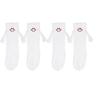 2 Pairs Hand Holding Socks for Kids, Funny Magnetic Mid-Tube Socks White Smile Face Matching Crazy Silly Slipper Socks Friendship Birthday Gift for Children Toddler (6-9 Years)