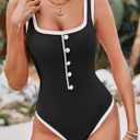 Saodimallsu Womens One Piece Swimsuit Vintage Ribbed Slimming High Cut Color Block Button Square Neck Bathing Suit (Black, L)