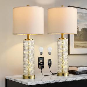 Oneach 27.75 Table Lamps Set of 2, Gold Modern Bedside Lamp with LED Night Light, USB A+C, Glass Lamps for Living Room, Bedroom, Nightstand, Office, End Table (2 Bulbs Included)