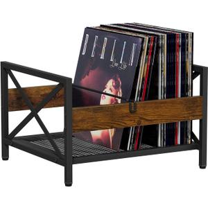 Vinyl Record Storage Holder, Metal & Wooden Record Crates with Divider, Holds up to 50-100 Records, Vinyl Storage Album Storage Rack for Books,Files (17.32"X14.56"X10.43", Brown-Iron Mesh)