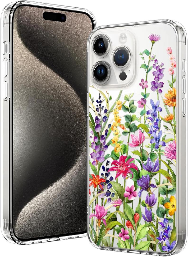 OOK for iPhone 15 Pro Max Case 6.7-inch Phone Case - Retro Vine Weaving Flower Relief Design Transparent Protective Cover Supports Magnetic Absorption All Around Lens Anti Drop