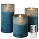 ANGELLOONG Blue Flameless Candles with Remote, Flickering Led Candles with Timer, Electric Pillar Candles for Bathroom Kitchen Room Home Decor, Sandblast Blue