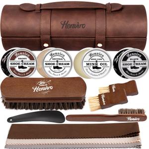 Henviro Leather Shoe Polish Kit - Birthday Gifts for Men, Dad, Shoe Shine Kit, Leather Boot Care Kit, Mens Gifts Ideas (Brown)