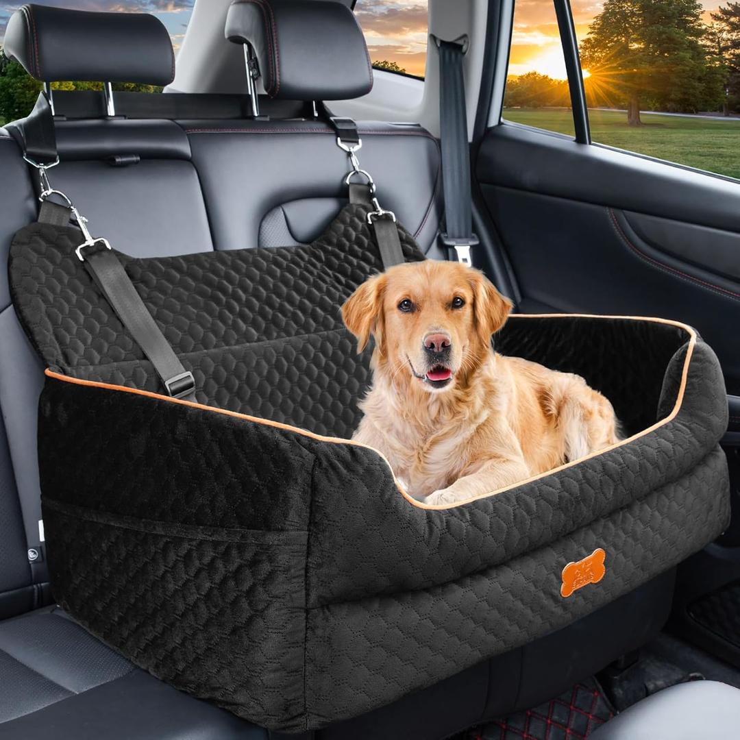 Dog Car Seat for Large/ Medium Dogs - Memory Foam Dog Booster Seat for Under 55Lbs or 2 Small Dogs-Detachable and Washable Travel Bed with Thick Cushion and Storage Pockets-Black