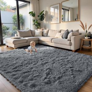 Fluffy Rug Shaggy Area Rug, Grey 8x10 Area Rugs for Living Room, Large Shag Area Rugs for Bedroom Kids Room Home Decor, Upgrade Anti-Skid Rectangular Fuzzy Rugs