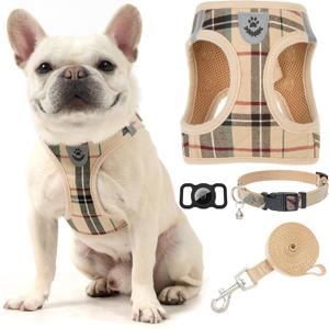 EXPAWLORER Plaid Small Dog Harness and Leash Set with AirTag Holder - No Pull Soft Padded Step in Dog Vest Harness Medium Sized Dog, Reflective Puppy Harness, Collar and Leash for Walking, Khaki S
