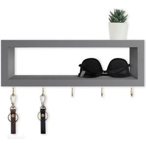Lwenki Wall Shelf with Hooks - Decorative Key and Wallet Holder for Wall Holds Sunglasses, Leashes, Scarves and Lanyards - 15.7" x 5.1" x 2.9" Entryway Organizer Made of Paulownia Wood (Gray) (Grey)