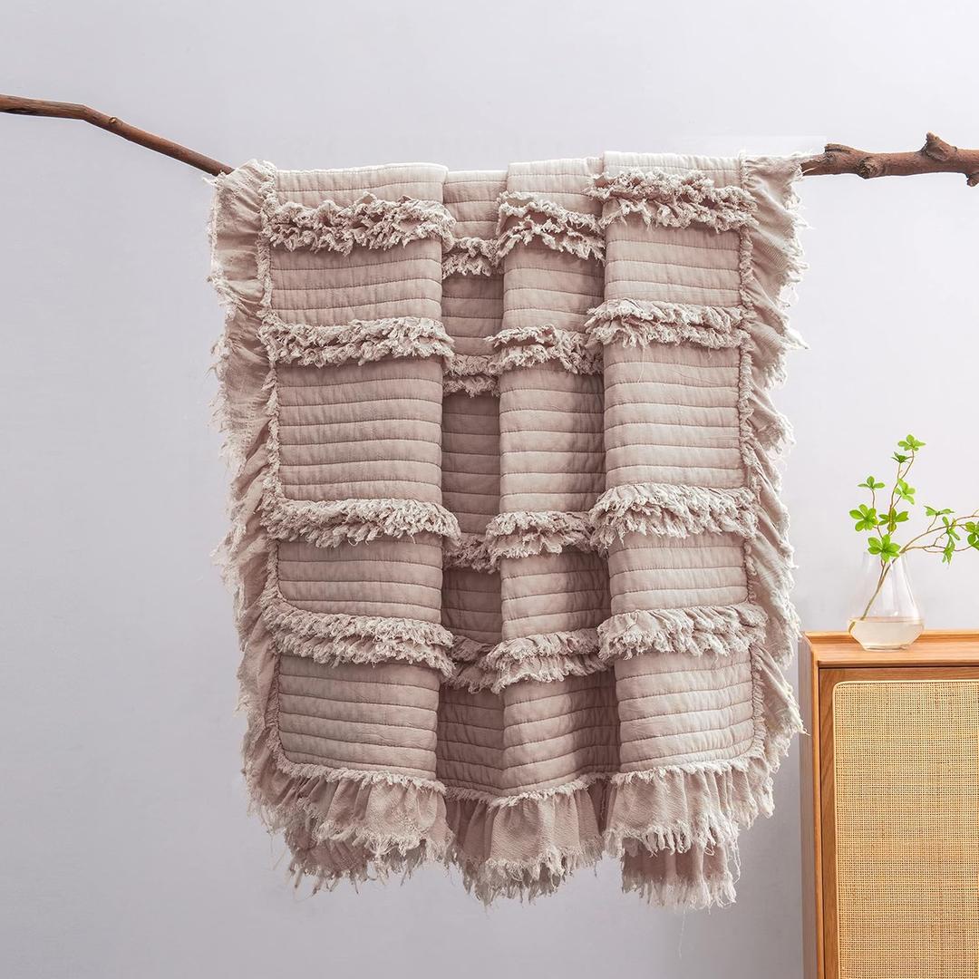 Ultra Soft Pre-Washed Quilted Throw Blanket, Ruffle Fringed Dusty Rose Pink Decorative Throw, Stone Washed Chic Rustic Blanket for Sofa Couch Bed Chair, 50"x 60"