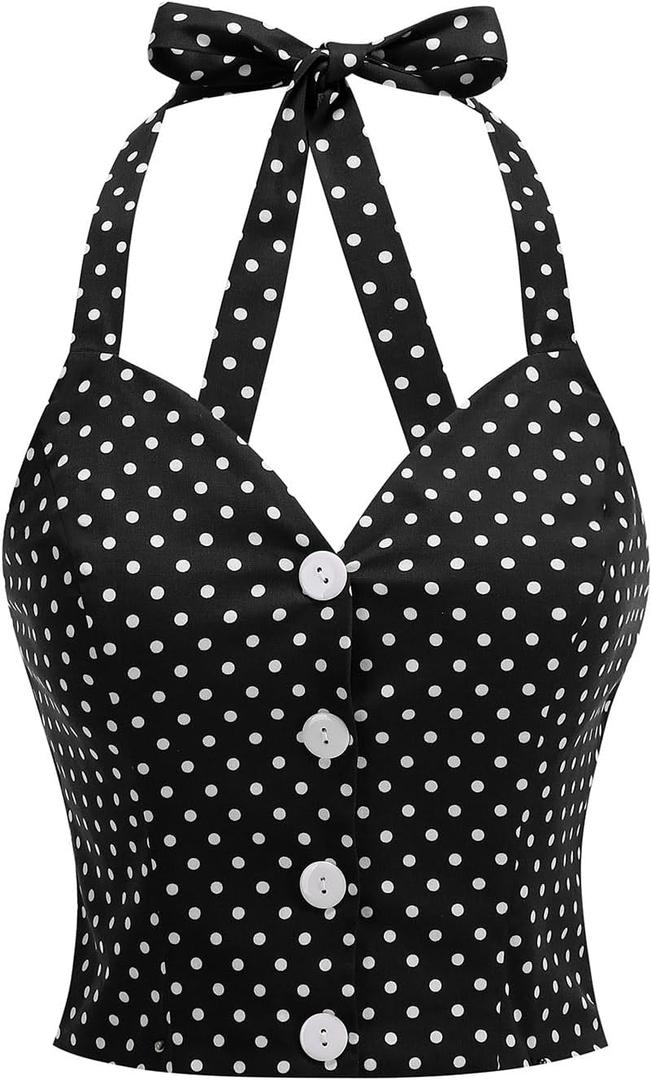 Vintage Tops for Women 1950s Polka Dot 50s Pin up Rockabilly Top Halter V Neck Pinup Retro Tops 50's Vintage Blouses Tank Top (Black, S)