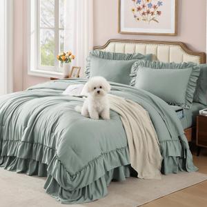 AMBERSPACE King Size Comforter Set Sage Green, Ruffle Shabby Chic Bedding Set Farmhouse 7 Pieces, All Season Fluffy Bed in a Bag with Sheets, Pillowcases & Shams