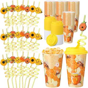 Yungyan 36 Sets Honey Bee Party Favors Goodie Cups with Lids and Straws for Birthday Decorations Reusable 16oz Plastic Candy Cups Plastic Straws for Birthday Party(Bee)