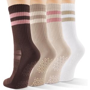 CS CELERSPORT Pilates Socks for Women, 4 Pairs Yoga Crew Non Slip Grip Socks for Barre Hospital Gym (M)