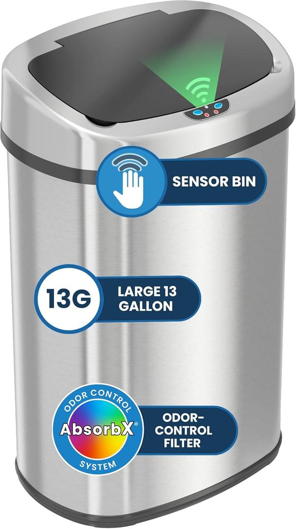iTouchless 13 Gallon Oval Sensor Trash Can with Odor Filter, Fingerprint-Proof Stainless Steel, 50 Liter Automatic Kitchen Garbage Bin, Smart Hands-Free Motion Lid, Quiet Soft-Close, Brushed Silver