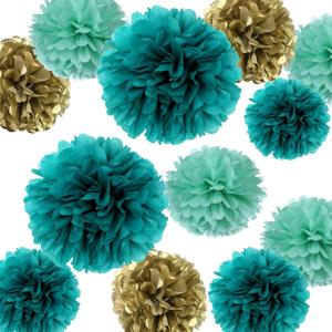 12PCS Teal Turquoise Aqua Gold Party Paper Flowers Pom Poms for Backdrop Streamers Birthday Wedding Baby Bridal Shower Bachelorette Christmas Nursery Wall Hanging Dcor