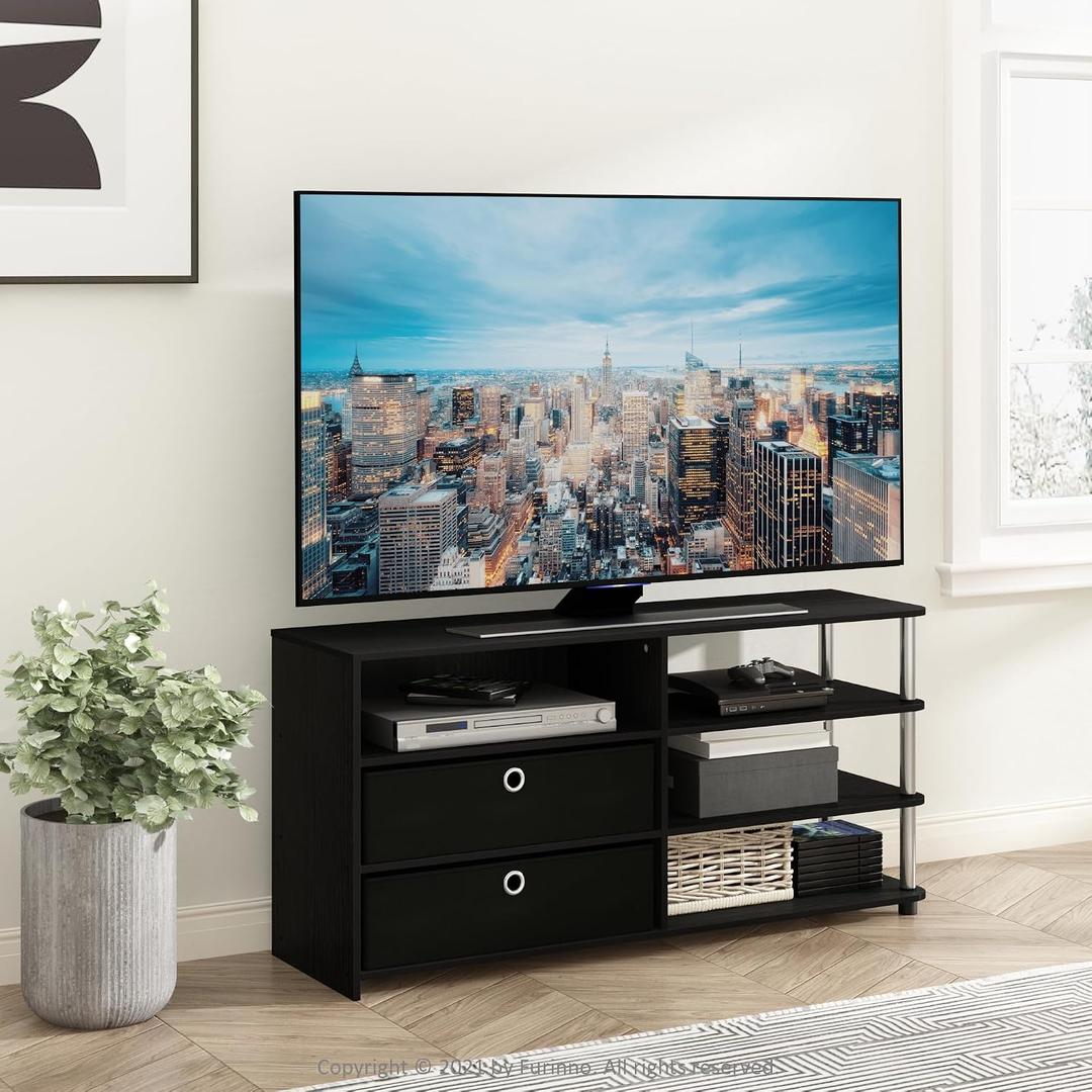 Furinno Jaya TV Stand for TV up to 55-Inch with Storage Bins & Cable Management Hole, 4-Tier Black Entertainment Center, TV Console, for Living Room, Bedroom, Dark Americano