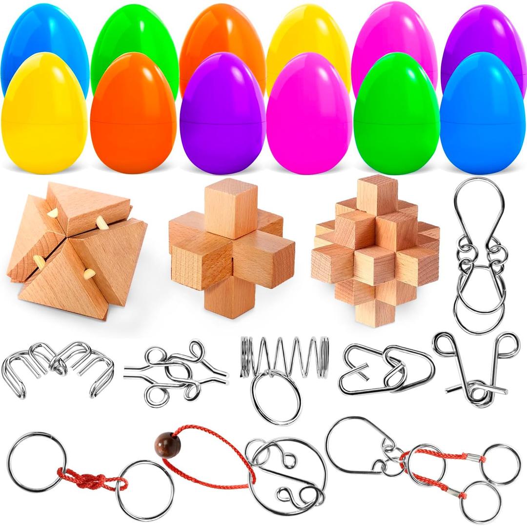 Easter Basket Stuffers for Kids Teens Adults,12 Packs Easter Eggs Filled with Brain Teaser Puzzles Toys Fillers Inside,Prefilled Easter Eggs Gifts for Boys Girls