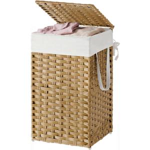 SONGMICS HOME Laundry Hamper with Lid, Clothes Basket with Removable Liner and Handles, 17.2 Gallon, Foldable Narrow Laundry Organizer for Bathroom, Bedroom, Light Brown, 65 Lwith Lid