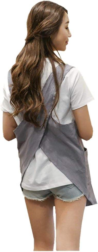 Shortened Design Apron, Japanese Style Soft Cotton Linen Apron with Two Side Pockets, X Cross Halter Aprons, Kitchen Cooking Clothes Gift for Women DIY Project, Crafting, Cooking, Baking  (Light Gray), Style: 1# Style-rounded Edge