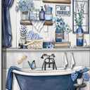 Navy Blue Bathroom Rules Canvas Wall Art Blue Farmhouse Toilet Painting Picture Wall Decor Poster Prints Artwork for Washroom Lavatory Home Decoration
