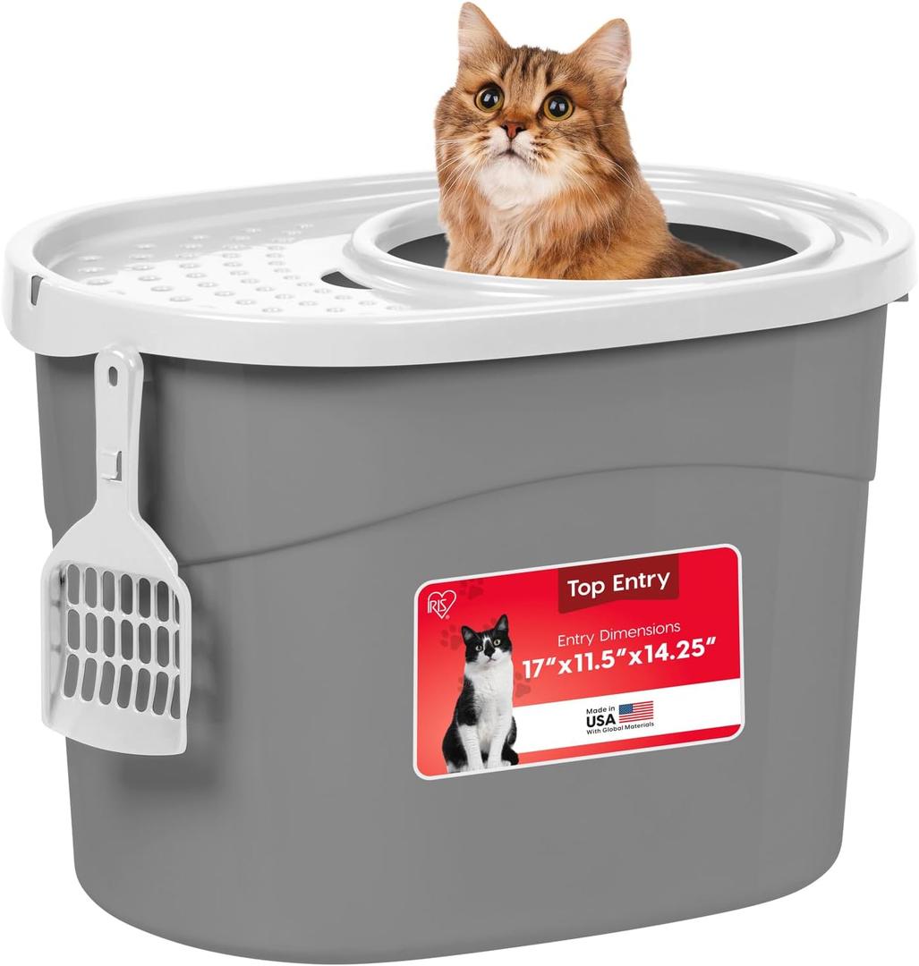 IRIS USA Cat Litter Box Large Top Entry with Lid Enclosed Covered Hooded Design Litter Catching Scatter Shield Pan Dog Proof Pet Proof Scoop Included Odor Control for Indoor Cats Kittens Gray/White