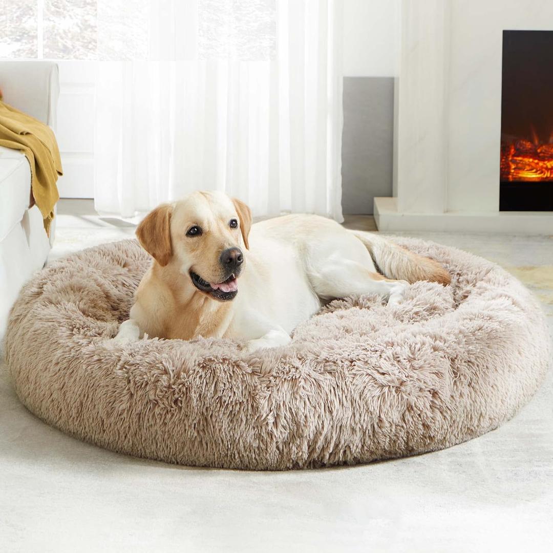 WESTERN HOME WH Calming Dog Beds Large Sized Dog - Donut Fluffy Pet Bed, Round Faux Fur Plush Bed (36.0"L x 36.0"W x 8.0"Th, Brown)