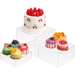 Clisela 3pcs Acrylic Cube Display Stands Box Risers with Hollow Bottoms, Food Risers for Buffet Table, Decorative Display Stand Shelf for Dessert Collectibles Jewelry Figures Show - Clear 6" 7" 8"